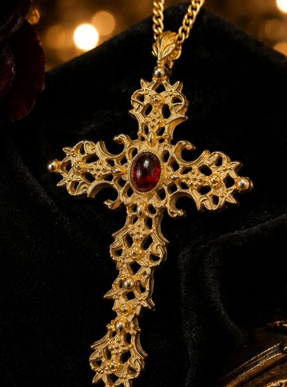 Vintage Avon Ornate Gothic Cross Pendant Necklace Red Glass Cabochon 22 Inch